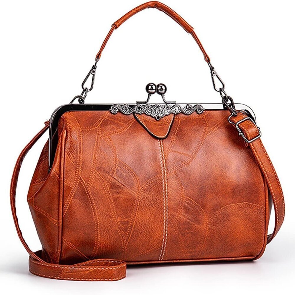 Women Vintage Leather Crossbody Bag Clutch Satchel with Kiss Lock Closure - Picture 2 of 7